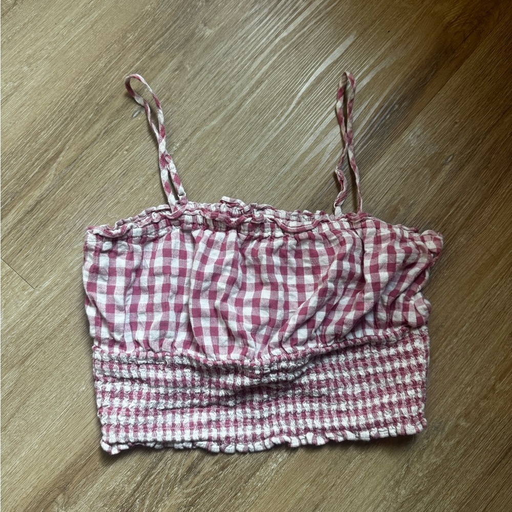 American Eagle Red Gingham Smocked Crop Top